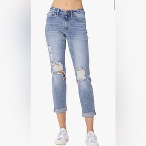 NWT Judy Blue Mid-Rise Ripped Double Cuff Boyfriend Jeans Size 9